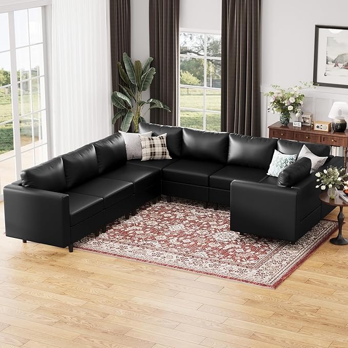 118.5" Faux Leather Modular Sectional Sofa, U Shaped Couch Set for Living Room, Large 8-Seater Comfy Cloud Couches with Storage Seat DIY Combination - Black-CasaMuseHome