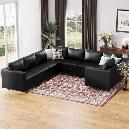 118.5" Faux Leather Modular Sectional Sofa, U Shaped Couch Set for Living Room, Large 8-Seater Comfy Cloud Couches with Storage Seat DIY Combination - Black-CasaMuseHome