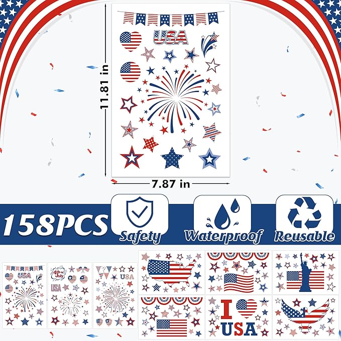 158 Pcs 4th of July Window Clings, 9 Sheets Patriotic Window Clings Decals, Watercolor Double-Sided American Flag Stars Firework Window Stickers for Independence Day Parade Veterans Memorial Day Decor-CasaMuseHome