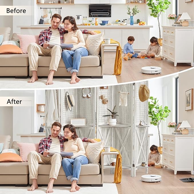 6 Panel Pegboard Display with 24 Hooks, Wooden Pegboard Room Divider Wall with Shelf, Rustic Room Dividers and Folding Privacy Screens, Bedroom, Jewelry Store, White-CasaMuseHome