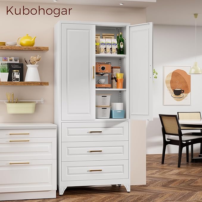 75" Kitchen Pantry Cabinet, Metal Storage Cabinets with Doors and Adjustable Shelves, White Tall Pantry Cabinet with 3 Drawers for Dinning Living Room-CasaMuseHome