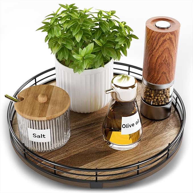 Acacia Wood 10" Lazy Susan Turntable Organizer for Table Top, Farmhouse Round Wooden Lazy Susan for Cabinet Kitchen Centerpieces Coffee Table, for Condiments Spices, Bathroom Vanity Tray Decor-CasaMuseHome