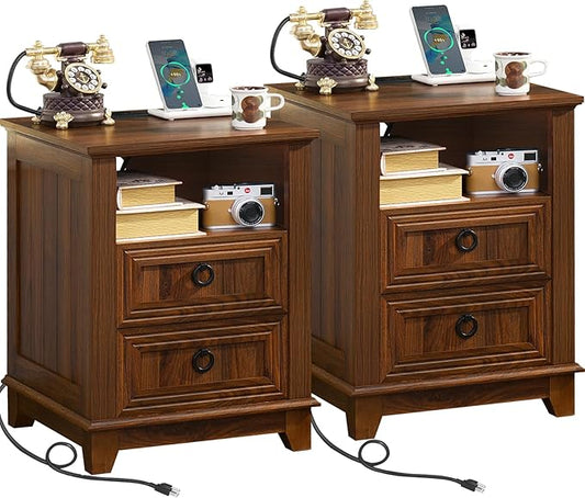 18" Farmhouse Night Stands Set of 2 with Charging Station, 2 Drawers End Table Dresser for Bedroom, Brown Wooden Nightstand, Bed Side Table with Open Shelf, Bedside Cabinet for Living Room-CasaMuseHome