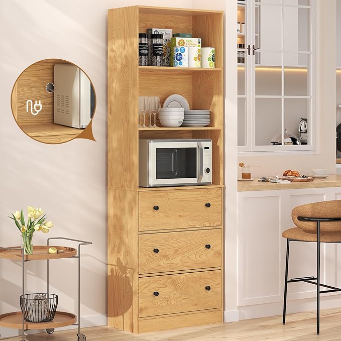 71" Tall Bookshelf with Storage, Bookcase with Drawers, Farmhouse Wooden Corner Book Shelves, Mid Century Modern Book Shelf Wall Standing Home Decor Furniture for Living Room, Bedroom, Office, Kitchen-CasaMuseHome