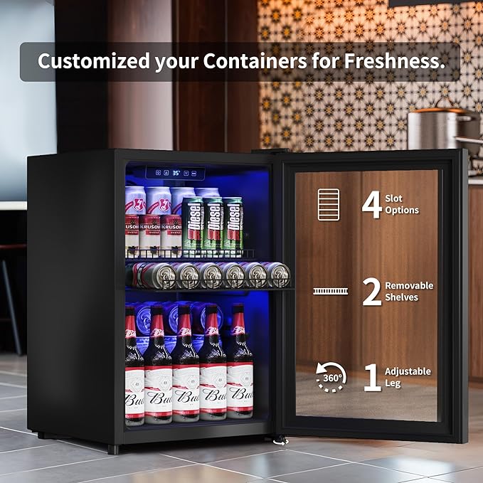 2.5 Cu.Ft Wine Fridge, Mini Fridge With Glass Door, Wine Cooler Refrigerator, Beverage Drink Beer Cooler, Adjustable Shelves & Digital Temperature Display, 22 Bottle 95 Can-CasaMuseHome