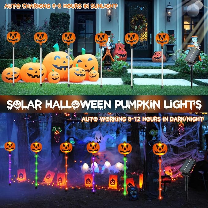 12 Pack Solar Pumpkin Lights for Halloween Decorations Outdoor, Waterproof Halloween Pathway Lights with 8 Modes, Orange Purple and Green Halloween Walkway Stake Lights for Yard Garden Party Decor-CasaMuseHome