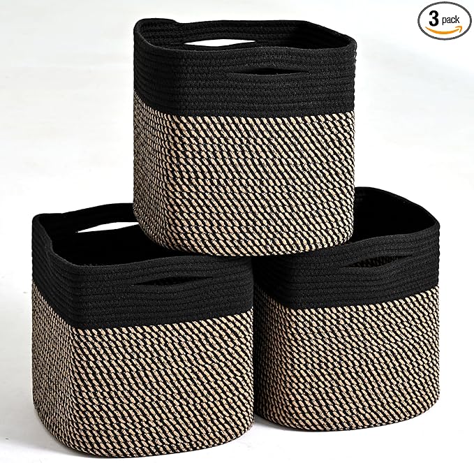 11 Inch Cube Storage Bins, Storage Cube Organizer Bins, Woven Cotton Rope Baskets for Storage, Storage Basket for Organizing Shelves, Square Baskets for Toys Nursery, Black & Jute (Pack of 3)-CasaMuseHome