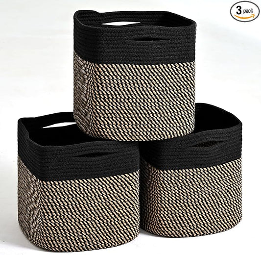 11 Inch Cube Storage Bins, Storage Cube Organizer Bins, Woven Cotton Rope Baskets for Storage, Storage Basket for Organizing Shelves, Square Baskets for Toys Nursery, Black & Jute (Pack of 3)-CasaMuseHome