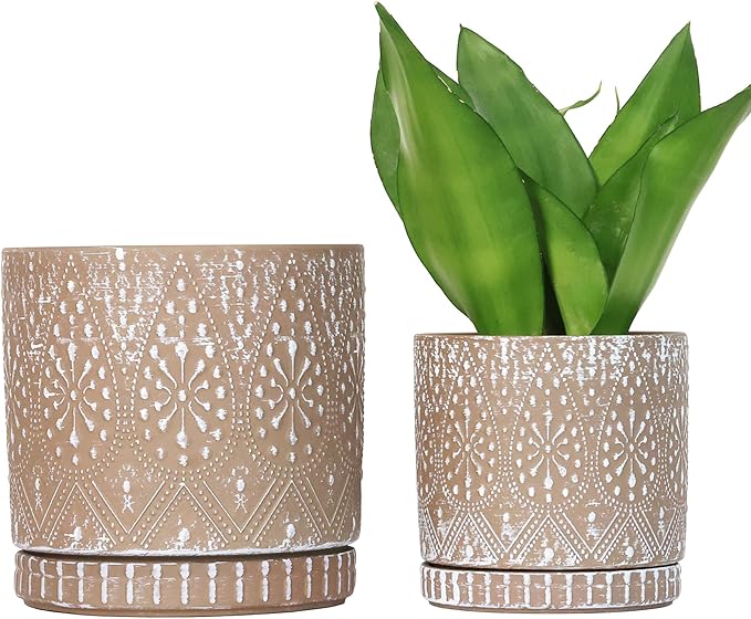8 Inch + 6 Inch Plant Pot with Drainage Holes and Saucers, Indoor Ceramic Planter for Plants Succulent Orchid Flower Pots-CasaMuseHome
