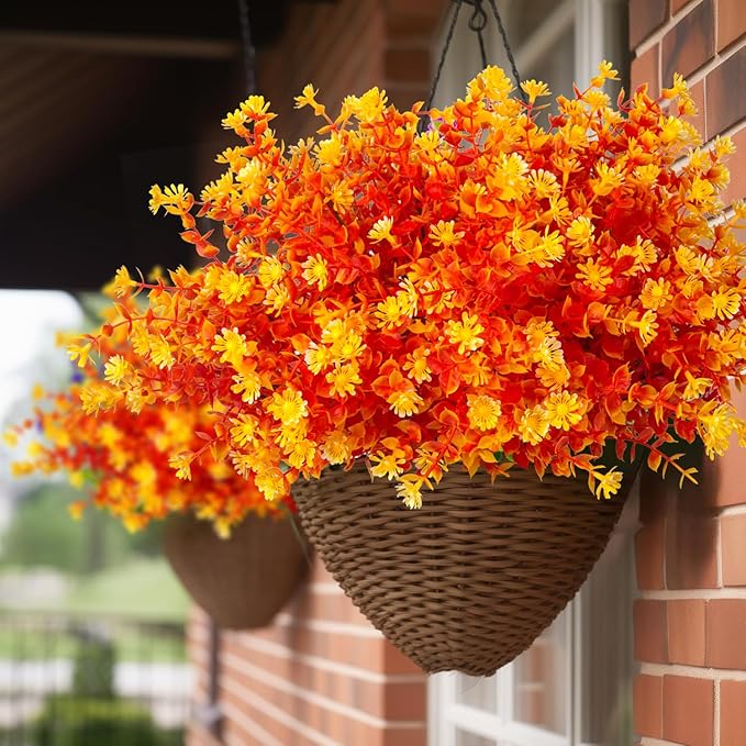 12 Bundles Artificial Fall Flowers No Fade Faux Autumn Plants, Fake Indoor Outdoor Greenery Decorations for Thanksgiving Christmas Wedding Party Home Garden Fireplace Décor (Fall Orange)-CasaMuseHome