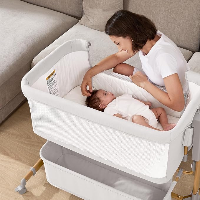 3 in 1 Baby Bassinet, Rocking Bassinet, Bedside Bassinet, 6-Height Adjustable, Bassinet Bedside Sleeper, Bedside Bassient for Baby with Comfy Mattress, Breathable Mesh, Large Storage Basket-CasaMuseHome