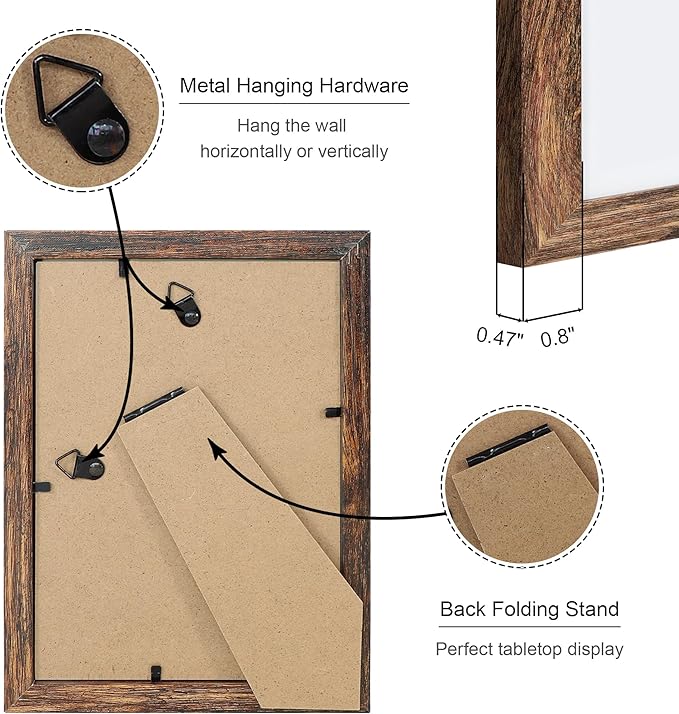 5x7 Picture Frame Set of 4, 5 x 7 Wood Photo Frames with Mat for 4x6, Natural Wooden Frame with Real Glass Cover for Wall and Tabletop Display,Rustic Brown-CasaMuseHome