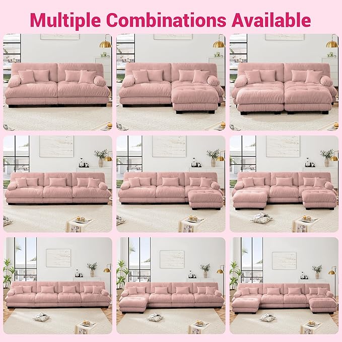 L Shaped Couch Sectional Couch, 4-Seater Cloud Couch Sectional Oversized Couch, Sofa Bed Couch with Round Bolster Armrests 6 Pillows, Modular Couch Home Sofa Living Room Couch(Pink)-CasaMuseHome