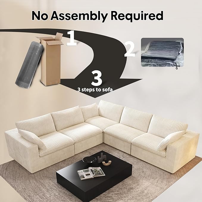 118" V Shaped Corner Modern Sofa Modular Sectional Cloud Couch,Deep Seat Upholstered Couches with Plush Corduroy Fabric for Living Room Furniture,Bedroom and Apartment,No Assembly Required,White-CasaMuseHome