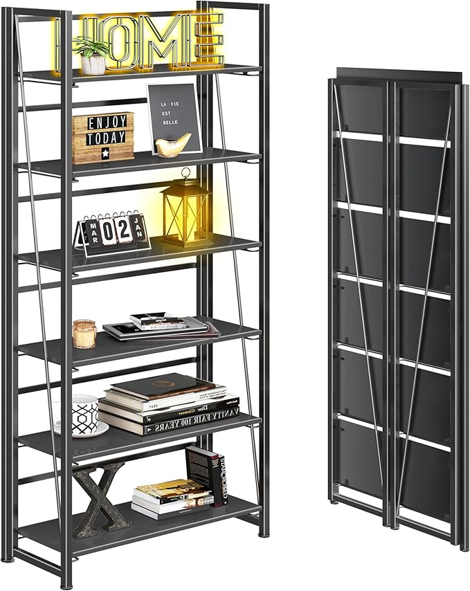 4NM No Assembly Foldable Bookshelf, 6-Shelf Collapsible Bookcase Storage for Small Spaces, 74" H, All Black-CasaMuseHome