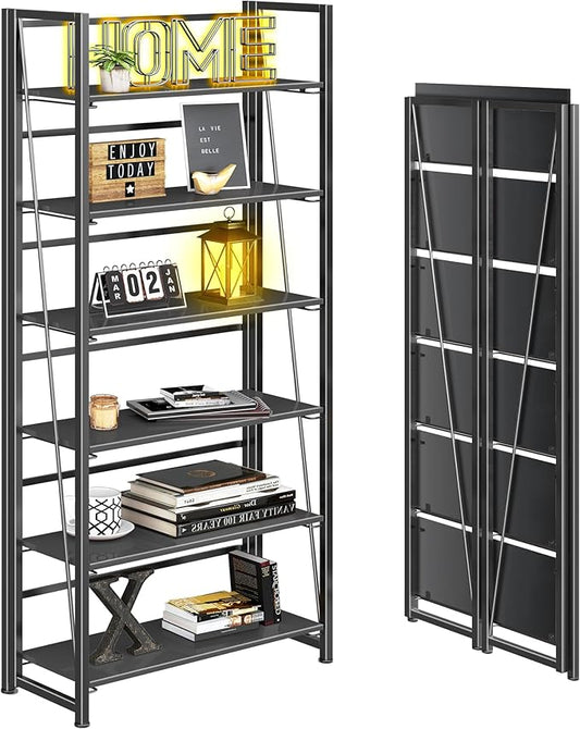 4NM No Assembly Foldable Bookshelf, 6-Shelf Collapsible Bookcase Storage for Small Spaces, 74" H, All Black-CasaMuseHome