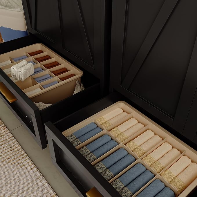 71'' Black Farmhouse Metal Wardrobe Cabinet with Hanging Rod, 2 Barn Door Wardrobe Closet with Adjustable Shelves,Drawer,for Dining Room,Bedroom,Living Room, Cloak Room,Office-CasaMuseHome