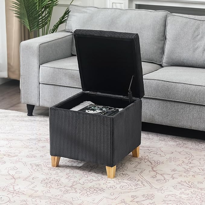 Adeco 18 Inch High Faux Fur Grey Cube Ottoman Storage, Fluffy Striped Velvet Chair Foot Stools, Small Bench Upholstered Vanity Stool with Hinged Lid, Solid Wood Legs-CasaMuseHome