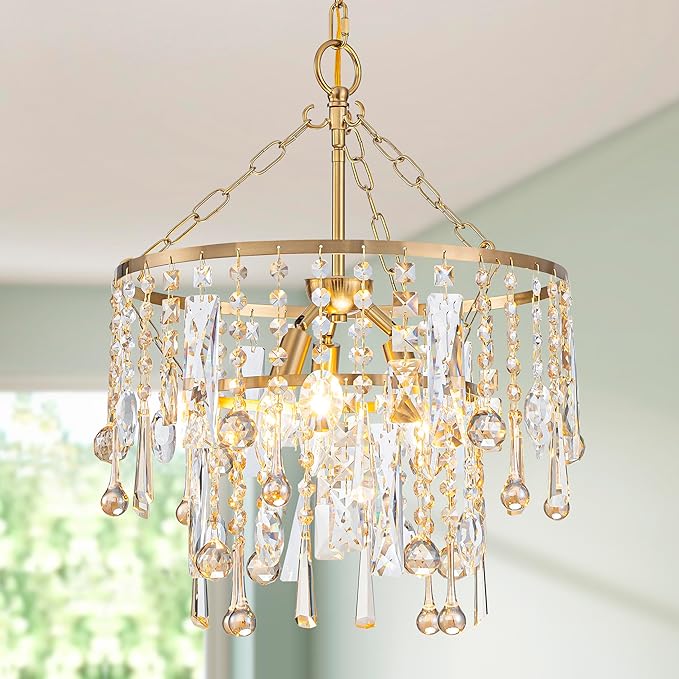 3-Lights K9 Crystal Chandeliers, Luxury Vintage Pendant Light Fixture for Dining Room, Living Room, D15*H20.4~66.8 inch (Adjustable), Clear Crystal & Gold Finish-CasaMuseHome