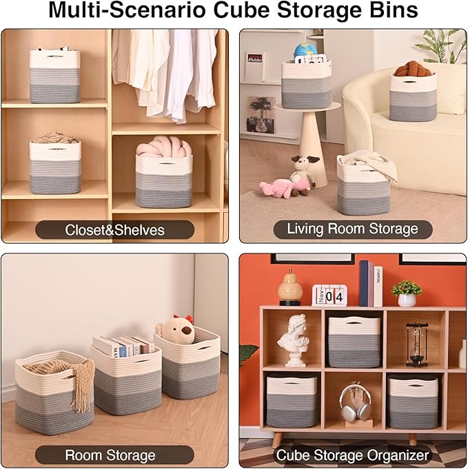 11 Inch Cube Storage Bins, Storage Cube Organizer Bins, Woven Cotton Rope Basket for Storage, Storage Baskets for Organizing Shelves, Grey Baskets for Toys, Gradient Grey (Pack of 3)-CasaMuseHome