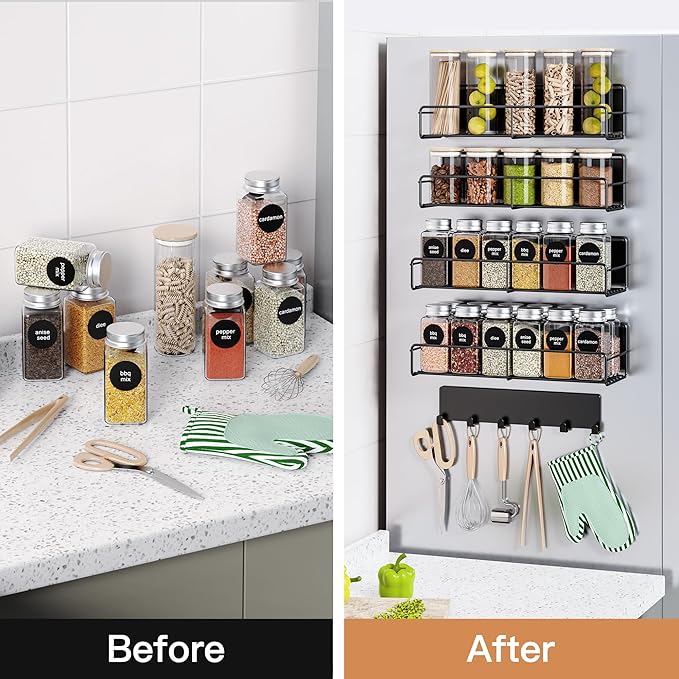 5-Pack Moveable Magnetic Spice Rack Organizer With 6 Hooks for Refrigerator, Metal Fridge Shelf, Black-CasaMuseHome