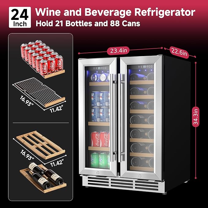 24" Wine and Beverage Refrigerator, Dual Zone Wine Cooler with Glass Door, Hold 88 Cans & 21 Bottles, Built in or Freestanding Under Counter Wine Fridge with Blue LED Light.-CasaMuseHome