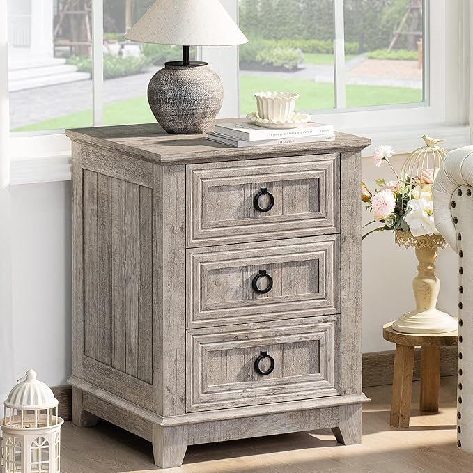 18" Farmhouse Night Stand with 3 Drawers, Wood End Table Dresser for Bedroom, Retro Oak Nightstand, Bed Side Table with Metal Handle, Bedside Cabinet for Bedroom Living Room, Closet-CasaMuseHome
