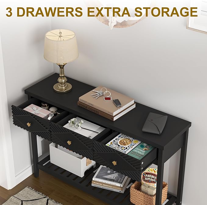 47" Console Table with 3 Drawers, Fluted Narrow Long Entryway Table with Storage Shelf, Accent Table for Entryway, Living Room, Behind Couch, Foyer, Hallway, Office-CasaMuseHome