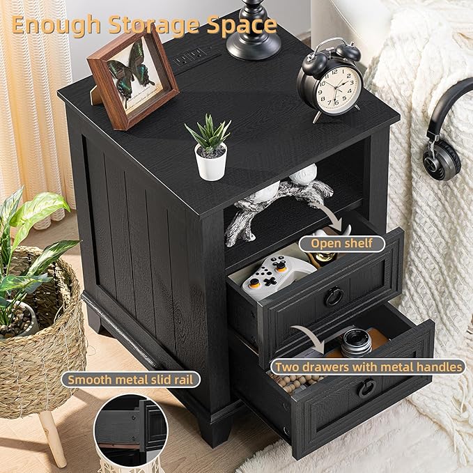 18" Farmhouse Night Stand with Charging Station, 2 Drawers End Table Dresser for Bedroom, Black Wooden Nightstand, Bed Side Table with Open Shelf, Bedside Cabinet for Living Room, Closet-CasaMuseHome