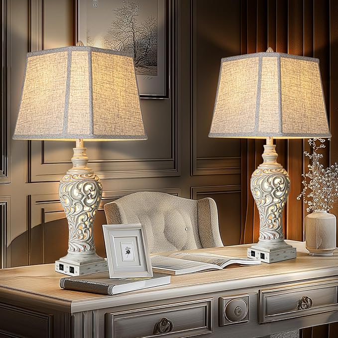 32" Tall Table Lamps Set of 2 - Bedside Lamp with Fabric Shades - for Bedroom and Living Room with USB and Nightlight - Perfect for Nightstands and Bedrooms - Bulbs Included-CasaMuseHome