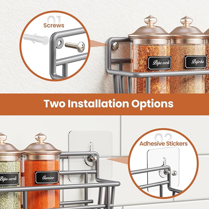5 Pack Spice Rack Seasoning Organizer Wall Mount, Screw or Adhesive Hanging Shelf Basket Spice Organizer Shelf for Kitchen, Gray-CasaMuseHome