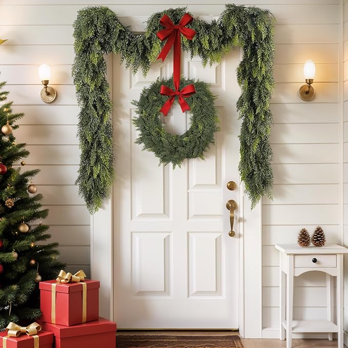 6 ft Christmas Garland, Cedar Garland, Real Touch Cypress Garlands, Green Artificial Greenery Garland for Mantel Indoor Outdoor Christmas Decorations-CasaMuseHome