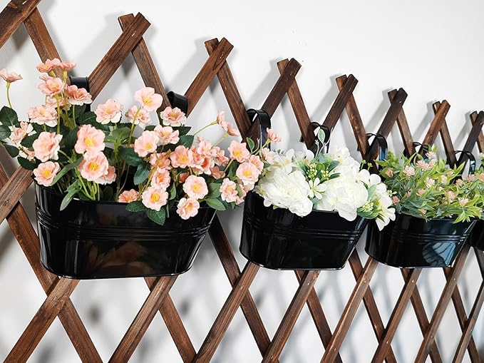 6 Pack Metal Hanging Planter for Outdoor Plants, 10 Inch Black Fence Planters Railing Pots for Garden Patio Balcony Decor, Flower Bucket with Detachable Hooks (Black, 6Pcs)-CasaMuseHome