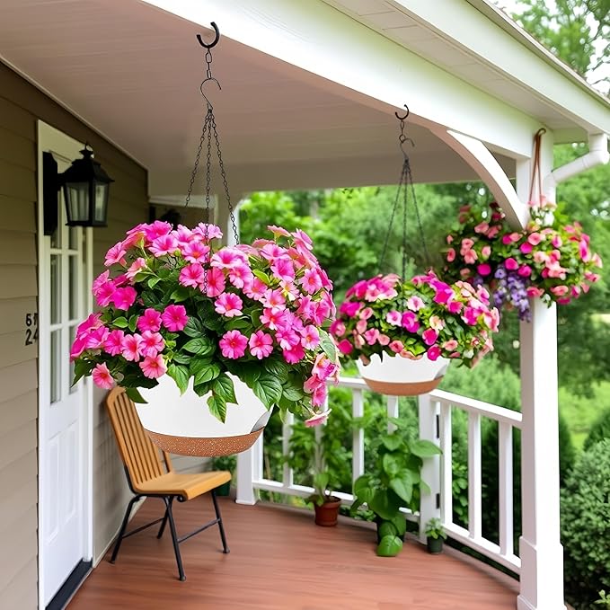 2 Pack 12 Inch Large Hanging Planters with Chains Self Watering White Brown Plastic Hanging Pots for Indoor Outdoor Plants, Garden Porch Home Decor，White Brown-CasaMuseHome