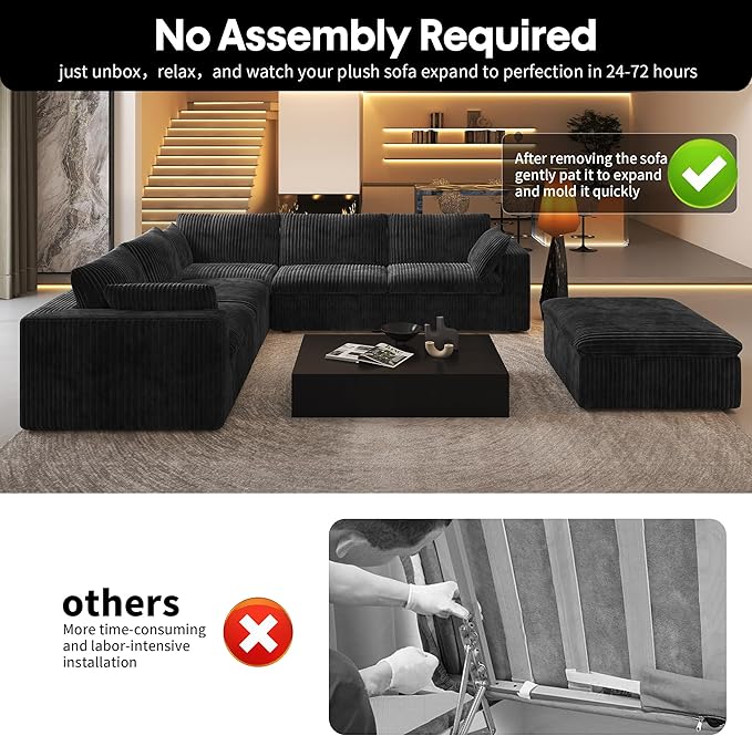 118" 6-Seater Cloud Sofa,Modular Sectional Couch with Ottoman,Modern Deep Seat Upholstered Couches with Corduroy Fabric for Living Room Furniture,Bedroom and Apartment,No Assembly Required,Black-CasaMuseHome