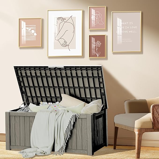 150 Gallon Resin Deck Box, Waterproof Outdoor Storage Bin for Patio Furniture, Pool Accessories, and Garden Tools, Lockable & UV-Resistant, Grey-CasaMuseHome