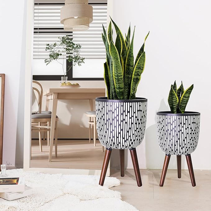 2 Set Plant Pot with Stand 10 & 12 inches, Mid-Century Large Planter with Legs for Indoor Plants, Boho Print Standing Plant Pot with Drainage Plug for Monstera, Herb, Succulent Flower Pot-CasaMuseHome