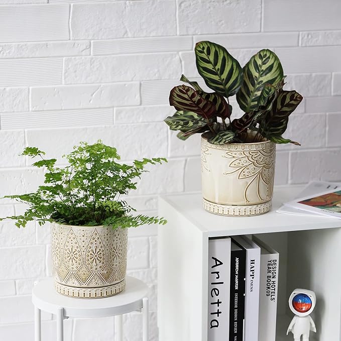 6 Inch Indoor Plant Pots with Drainage Holes and Saucers, Ceramic Planter for Plants, Flower Pot - Set of 2-CasaMuseHome