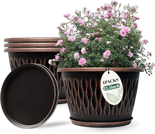 4 Pack 12 Inch Retro Plant Pots, Vintage Striped Flower Pots with Drainage Hole & Saucer, Large Plastic Planters for Indoor and Outdoor Plants, Decorative Garden Pots(Copper)-CasaMuseHome