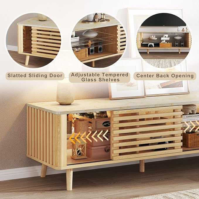 70" Mid Century Modern TV Stand for 55/65/75 Inch TV, Faux Marble Top Entertainment Center with Slatied Sliding Door & LED Lights, Low TV Console with Glass Shelves for Bedroom, Living Room-CasaMuseHome