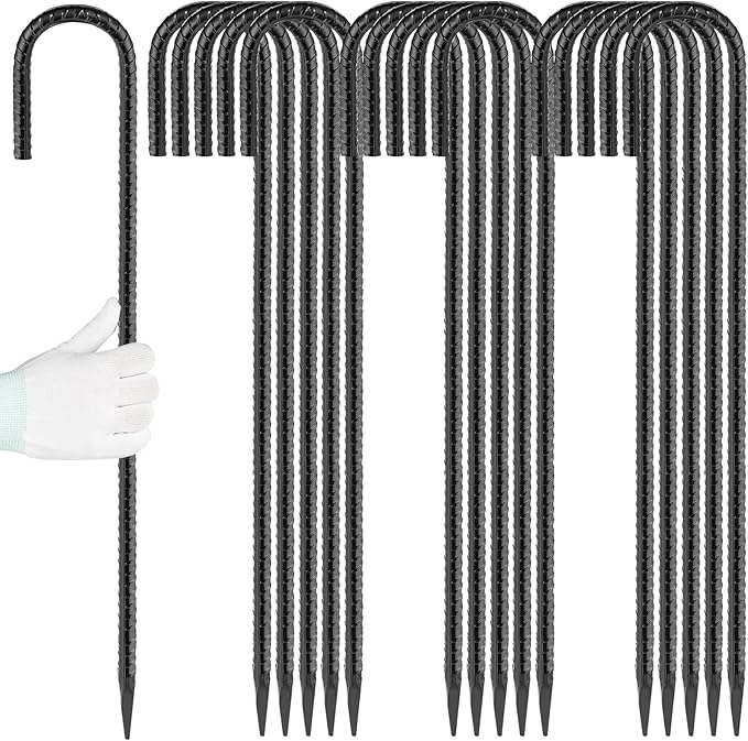24 inches J Hook Rebar Stakes (16-Pack), Extra Long Garden Stakes with Chisel Point End Steel Rebar Ground Stakes for Tent Chain Link Fence and Outdoor Decorations Black Coated-CasaMuseHome