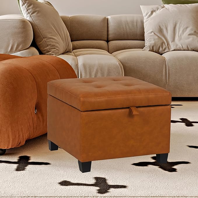 Adeco 17.5" Faux Leather Storage Ottoman with Hinged Lid, 14 Inch High Square Cube Foot Stool with Storage, Upholstered Vanity Stool with Solid Wood Legs for Living Room, Bedroom, Dorm (Warm Orange)-CasaMuseHome