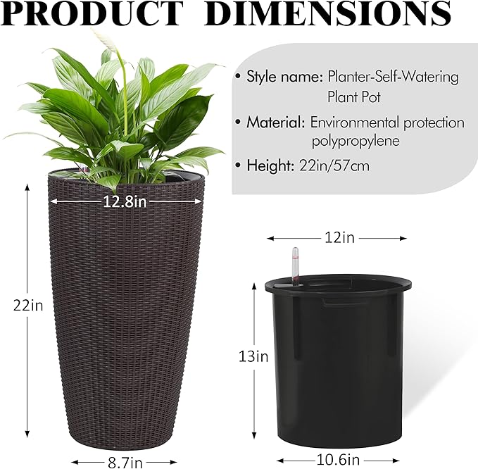 2Pack 22" High Modern Plant Pots Planter-Self-Watering Indoor/Outdoor Planting with Drain Holes, Water Level Monitor, Inner Bucket for Front Porch Patio, Brown Rattan Conical-CasaMuseHome