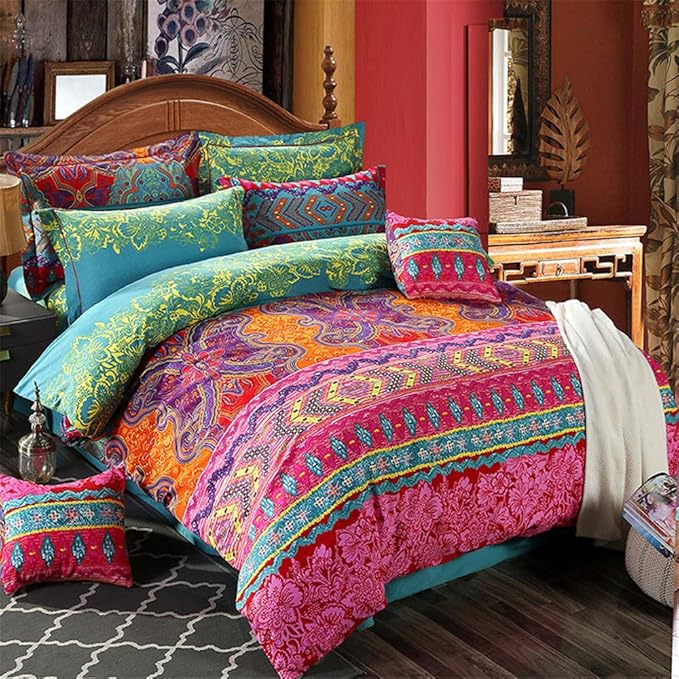 ABREEZE 3Pcs Bohemia Retro Bedding Ethnic Vintage Floral Duvet Cover Boho Bedding 100% Brushed Cotton Bedding Sets Damask Paisley Coloful Mandala Down Comforter Cover,Queen-CasaMuseHome