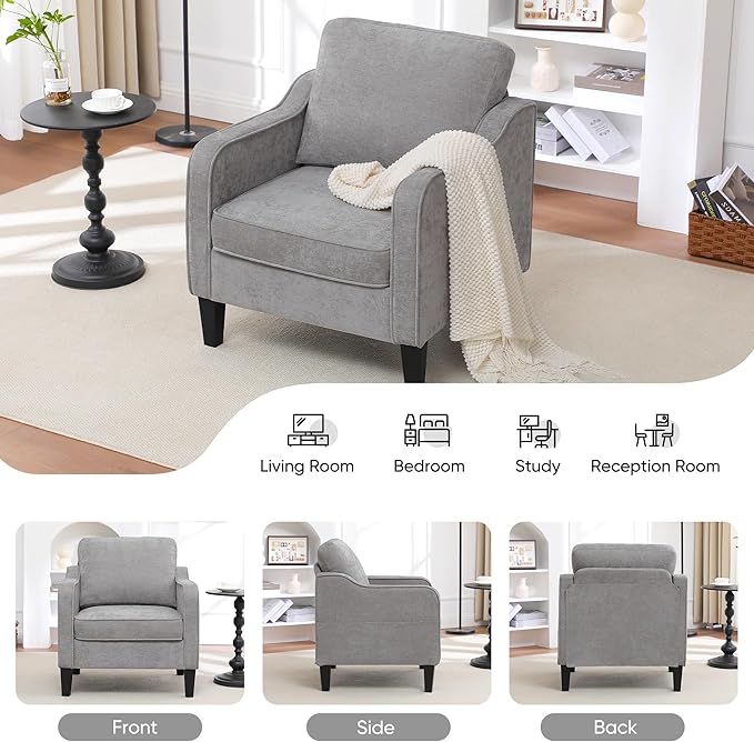 Accent Chairs Set of 2, Upholstered Living Room Chairs with Side Pockets, Mid Century Modern Reading Chair for Bedroom, Comfy Armchair Single Sofa Side Chair for Office, Small Room, Light Grey-CasaMuseHome