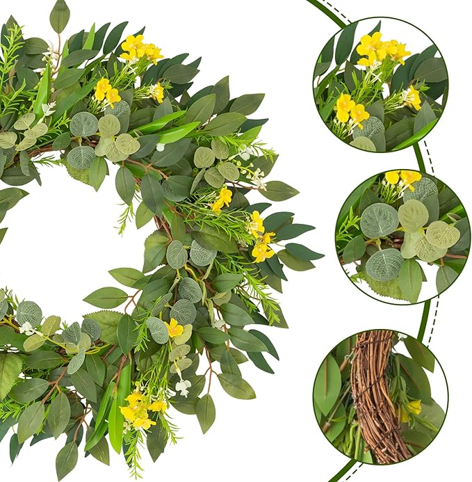 24 Inch Eucalyptus Greenery Wreaths for Front Door, Large Artificial Outdoor Spring Summer Wreath for Porch, Window, Farmhouse, Home Decor - All Seasons-CasaMuseHome
