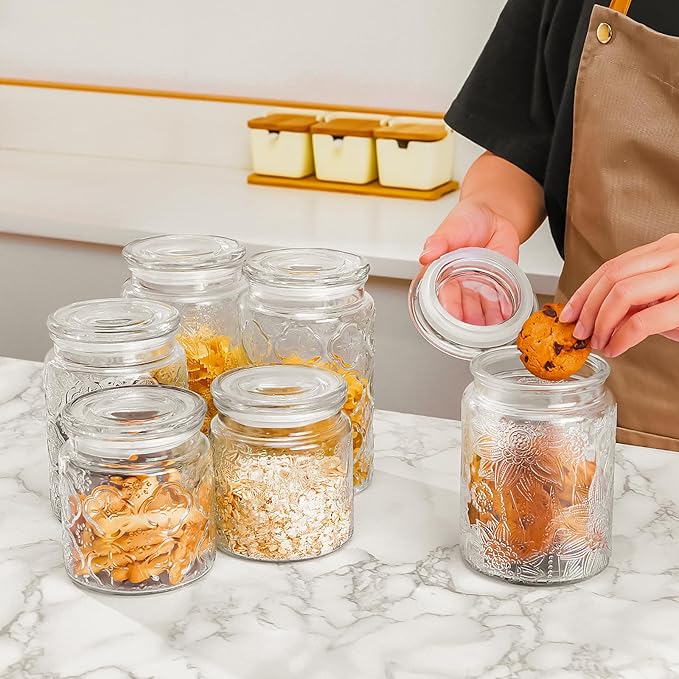 32oz Vintage Glass Jar With Lid, Glass Storage Containers, Airtight Kitchen Storage Containers For Sugar, Coffee, Tea, Spice, Flour, Candy Cookie, Pasta, Cereal, Cute Decorative Jars-CasaMuseHome