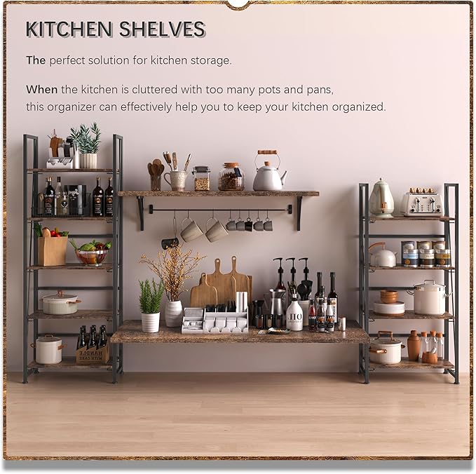 4NM No Assembly Foldable Bookshelf, 5-Shelf Collapsible Bookcase Storage for Small Spaces, 62.2" H, Rustic Brown and Black-CasaMuseHome