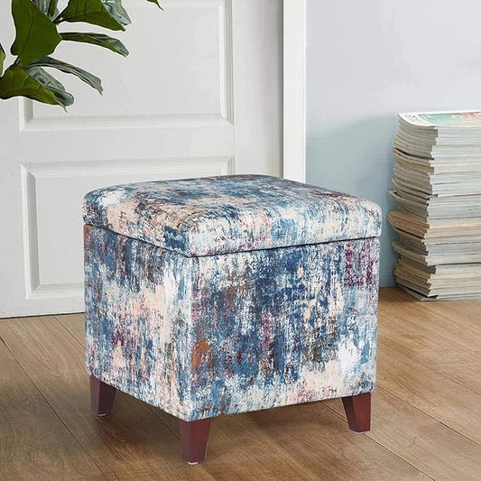 Adeco 18 Inch High Cube Ottoman Storage, Linen Chair Foot Stools, Upholstered Vanity Stool with Hinged Lid, Solid Wood Legs-CasaMuseHome