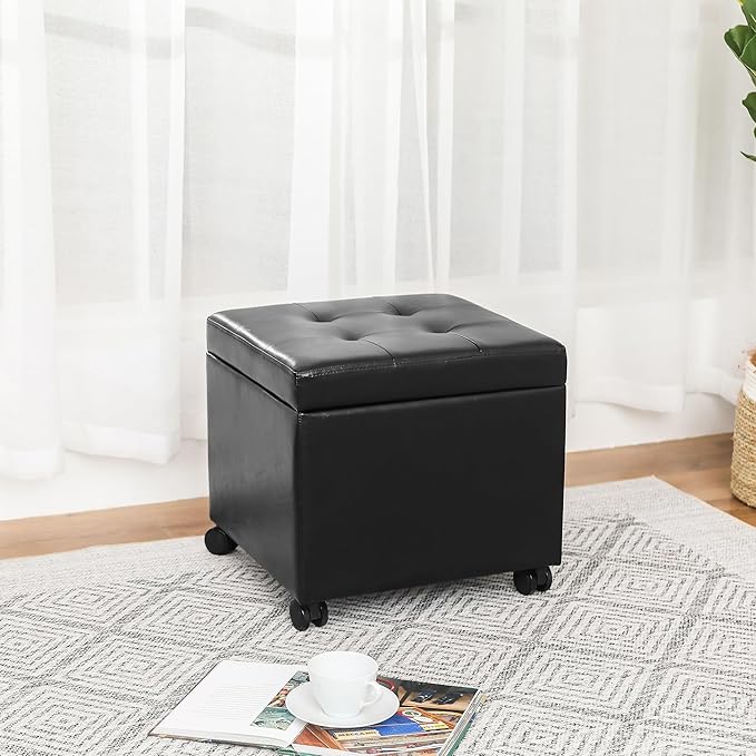 Adeco 17.7" Leather Ottoman with Wheels, Black Square Rolling Ottoman with Storage, Upholstered Button Tufted Vanity Stool with Hinged Lid for Living Room, Bedroom, Dorm-CasaMuseHome